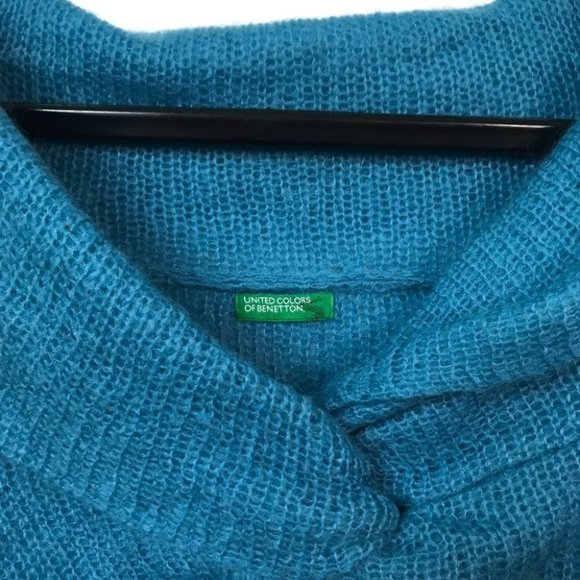 United Colors Of Benetton Blue Mohair Blend Open Knit Twist Front Crop Sweater - Picture 2 of 5